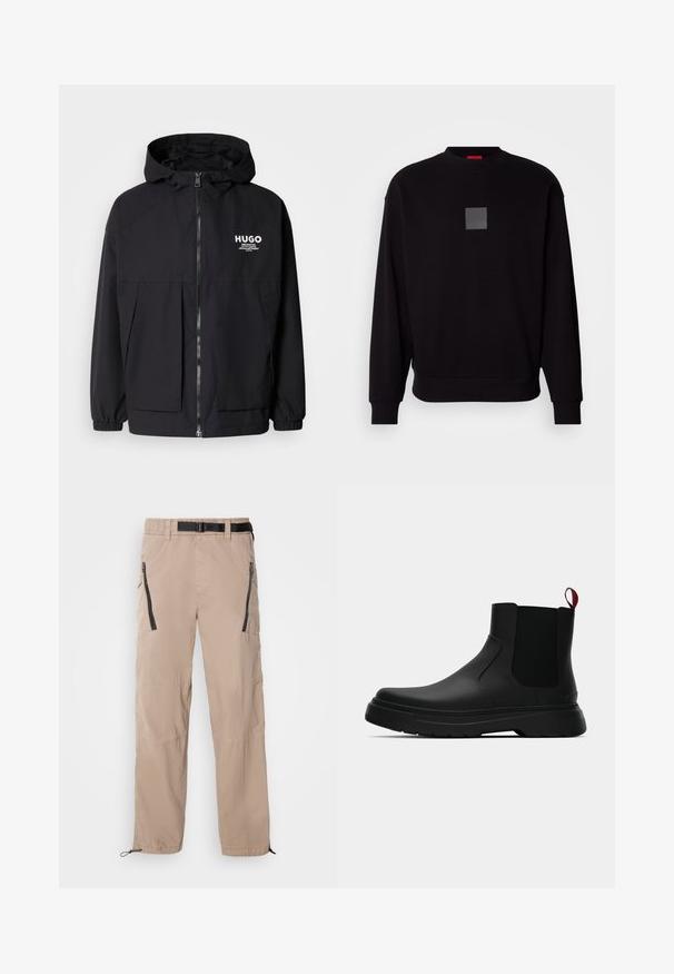 Czarna kurtka z kapturem z pełnym zamkiem z przodu, elastycznymi mankietami i podwójnymi kieszeniami z przodu. Drukowane logo na lewej piersi. Gładka faktura.; Czarna bluza z długimi rękawami, okrągłym dekoltem, szarym kwadratowym logo z przodu, miękką teksturą oraz ribbowymi mankietami i dołem.; Beżowe, lekkie spodnie z elastycznym paskiem i czarnym paskiem, z kieszeniami na zamek oraz regulowanymi mankietami. Gładka tekstura materiału.; Czarny botek za kostkę o gładkim wykończeniu, z elastycznymi bocznymi panelami i kontrastującą czerwoną pętelką, z grubą gumową podeszwą i zaokrąglonym noskiem.