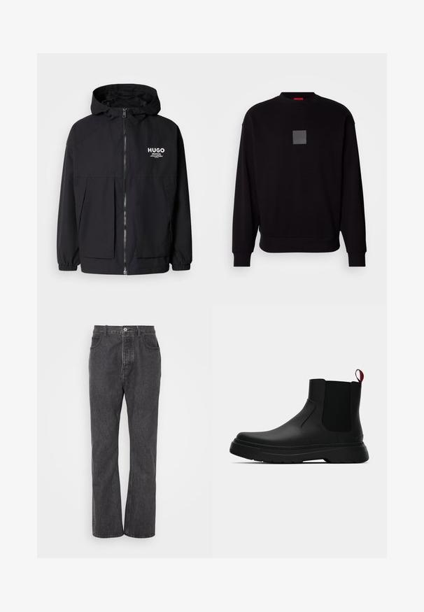 Chaqueta negra con capucha que presenta un cierre frontal completo, puños elásticos y dos bolsillos frontales. Logo impreso en el lado izquierdo del pecho. Textura suave.; Sudadera negra de mangas largas, con cuello redondo, un logo cuadrado gris en el frente, textura suave y puños y dobladillo acanalados.; Jeans de mezclilla negros con un diseño de pierna recta, que presentan un cierre frontal con botón, trabillas para cinturón y un ligero desgastado para aportar textura.; Botín negro con un acabado liso, paneles laterales elásticos y una lengüeta de tirón roja contrastante, que presenta una suela de goma gruesa y punta redondeada.