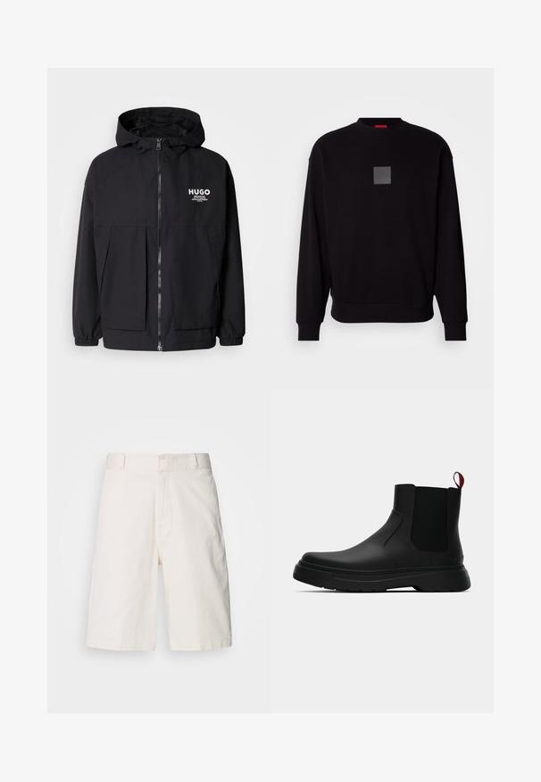 Melnā kapuce jaka ar pilnu priekšējo rāvējslēdzēju, elastīgām piedurknēm un divām priekšējām kabatām. Izdrukāts logo kreisajā krūtī. Gluda tekstūra.; Melns džemperis ar garām piedurknēm, apaļu kakla izgriezumu, priekšpusē pelēks kvadrāta logotips, mīksta tekstūra un ribotas piedurknes un apakšmala.; Baltas kokvilnas šorti ar brīvu piegriezumu, aprīkoti ar divām priekšējām kabatām, rāvējslēdzēja aizdari un gludu tekstūru. Tīrs, vienkāršs dizains bez rakstiem.; Melnas potītes ar gludu apdari, elastīgiem sānu paneļiem un kontrastējošu sarkano cilpu, aprīkotas ar biezu gumijas zoli un noapaļotu purngalu.