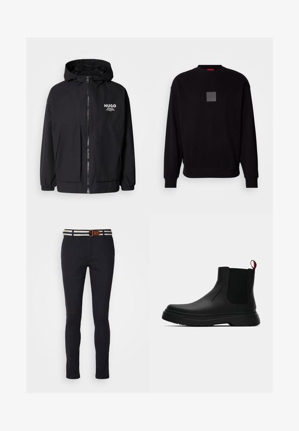 Mustat hupparitakki, jossa on täysipituinen vetoketju, joustavat hihansuut ja kaksinkertaiset etupussit. Vasemmassa rinnassa painettu logo. Sileä tekstuuri.; Musta collegepaita pitkilla hihoilla, pyöreällä kaula-aukolla, edessä harmaa neliölogo, pehmeä rakenne sekä ribbaus hihansuissa ja helmassa.; Navy siniset puuvillahousut, joissa on kapea istuvuus. Housuissa on raidallinen kudottu vyö, jossa on ruskea nahkaelementti, sekä klassinen vetoketjuluukku.; Musta nilkkuri, jossa on sileä pinta, elastiset sivupaneelit ja erottuva punainen vetonauha, paksu kumipohja ja pyöristetty varvas.