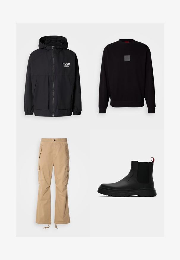 Mustat hupparitakki, jossa on täysipituinen vetoketju, joustavat hihansuut ja kaksinkertaiset etupussit. Vasemmassa rinnassa painettu logo. Sileä tekstuuri.; Musta collegepaita pitkilla hihoilla, pyöreällä kaula-aukolla, edessä harmaa neliölogo, pehmeä rakenne sekä ribbaus hihansuissa ja helmassa.; Beige-housut, joissa on joustava vyötärö, kaksi suurta sivutaskua ja säädettävät nauhat helmassa. Suhteellisen sileä kangas.; Musta nilkkuri, jossa on sileä pinta, elastiset sivupaneelit ja erottuva punainen vetonauha, paksu kumipohja ja pyöristetty varvas.