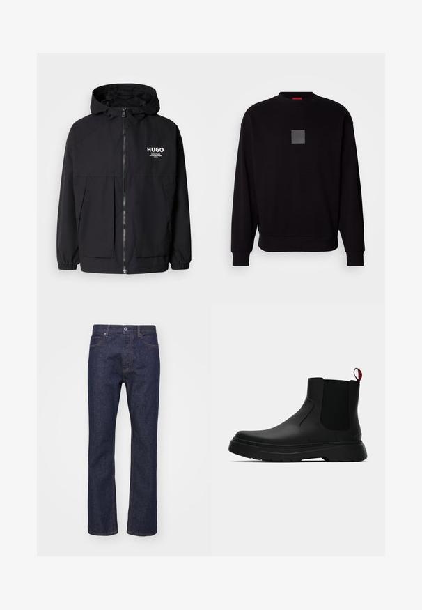 Chaqueta negra con capucha que presenta un cierre frontal completo, puños elásticos y dos bolsillos frontales. Logo impreso en el lado izquierdo del pecho. Textura suave.; Sudadera negra de mangas largas, con cuello redondo, un logo cuadrado gris en el frente, textura suave y puños y dobladillo acanalados.; Jeans rectos de mezclilla de color azul oscuro, con cierre frontal de botón, pasadores para cinturón y detalles de costura sutiles.; Botín negro con un acabado liso, paneles laterales elásticos y una lengüeta de tirón roja contrastante, que presenta una suela de goma gruesa y punta redondeada.