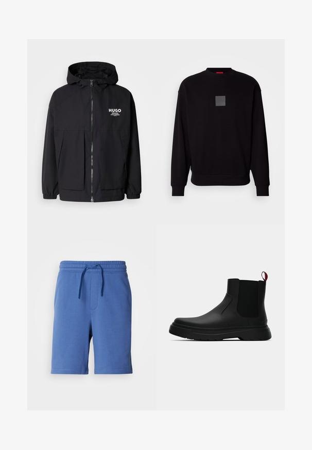Čierna kapucňová bunda s plným predným zipsom, elastickými manžetami a dvojitými prednými vreckami. Tlačené logo na ľavej hrudi. Hladký povrch.; Čierna mikina s dlhými rukávmi, okrúhlym výstrihom, predným sivým logom v tvare štvorca, mäkkou textúrou a rebrovanými manžetami a lemom.; Modré bavlnené šortky s elastickým pásom, nastaviteľnou šnúrkou a bočnou vreckou. Hladká textúra, dĺžka po kolená, minimálne brandingové detaily.; Čierne členkové topánky s hladkým povrchom, elastickými bočnými panelmi a kontrastným červeným poutkom, vybavené hrubou gumovou podrážkou a zaoblenou špičkou.