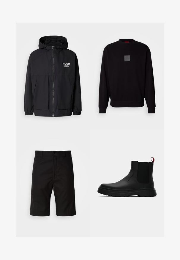 Czarna kurtka z kapturem z pełnym zamkiem z przodu, elastycznymi mankietami i podwójnymi kieszeniami z przodu. Drukowane logo na lewej piersi. Gładka faktura.; Czarna bluza z długimi rękawami, okrągłym dekoltem, szarym kwadratowym logo z przodu, miękką teksturą oraz ribbowymi mankietami i dołem.; Czarne szorty wykonane z jednolitego materiału, o prostym kroju, z zapięciem na guzik i gładką fakturą, bez widocznych wzorów.; Czarny botek za kostkę o gładkim wykończeniu, z elastycznymi bocznymi panelami i kontrastującą czerwoną pętelką, z grubą gumową podeszwą i zaokrąglonym noskiem.