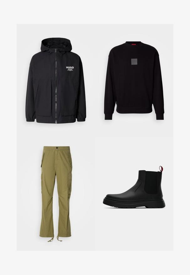 Zwarte hoodie-jack met een volledige rits aan de voorkant, elastische manchetten en twee voorzakken. Gedrukt logo op de linkerborst. Glad textuur.; Zwarte sweatshirt met lange mouwen, ronde halslijn, een grijzige vierkante logo op de voorkant, zachte textuur en geribde manchetten en zoom.; Olijfgroene cargobroek met een elastische tailleband, zijzakken en verstelbare koorden bij de onderkant. Lichtgewicht stof met een gladde textuur.; Zwarte enkelboot met een gladde afwerking, elastische zijpanelen en een contrasterende rode treklus, met een dikke rubberen zool en een afgeronde teen.