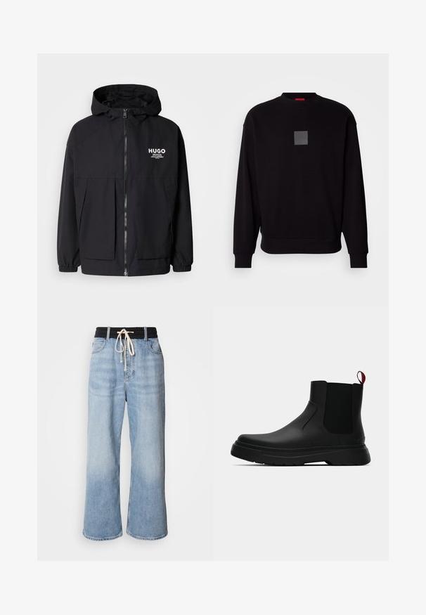 Črna kapuca jakna z full front zadrgo, elastičnimi manšetami in dvema sprednjima žepoma. Natisnjena logo na levi prsni strani. Gladka tekstura.; Črn pulover z dolgimi rokavi, okroglo izrezan, spredaj z sivim kvadratnim logotipom, mehkega materiala in rebrastimi manšetami ter robom.; Svetlo modri široki džins hlače z črnimi elastičnimi pasom, z zapiranjem na vrvico in klasičnim petim žepnim dizajnom.; Črne gležnjarje z gladkim zaključkom, elastičnimi stranskimi paneli in kontrastnim rdečim izvlečnim trakom, ki vključujejo debel gumijast podplat in zaobljen nos.