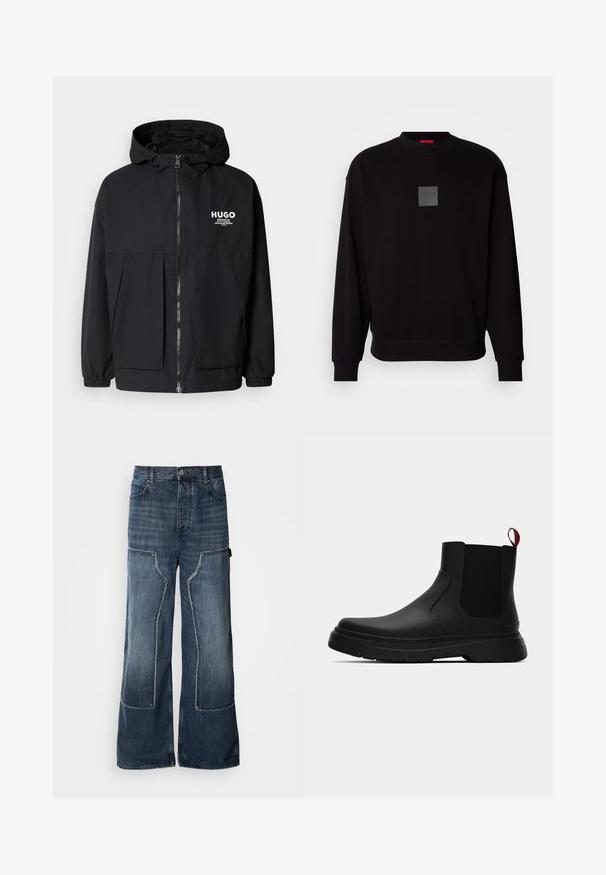 Czarna kurtka z kapturem z pełnym zamkiem z przodu, elastycznymi mankietami i podwójnymi kieszeniami z przodu. Drukowane logo na lewej piersi. Gładka faktura.; Czarna bluza z długimi rękawami, okrągłym dekoltem, szarym kwadratowym logo z przodu, miękką teksturą oraz ribbowymi mankietami i dołem.; Luźne niebieskie dżinsowe spodnie z szerokimi nogawkami, z detalami patchworkowymi, kontrastowymi szwami, dużymi kieszeniami bocznymi oraz zapięciem na guzik.; Czarny botek za kostkę o gładkim wykończeniu, z elastycznymi bocznymi panelami i kontrastującą czerwoną pętelką, z grubą gumową podeszwą i zaokrąglonym noskiem.