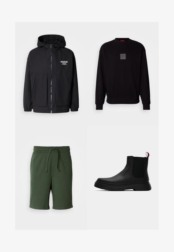 Schwarze Kapuzenjacke mit einem durchgehenden Reißverschluss an der Vorderseite, elastischen Bündchen und zwei vorderen Taschen. Bedrucktes Logo auf der linken Brust. Glatte Textur.; Schwarze Sweatshirt mit langen Ärmeln, rundem Ausschnitt, grauem quadratischen Logo auf der Vorderseite, weicher Textur und gerippten Bündchen und Saum.; Dunkelgrüne Shorts mit elastischem Bund, Kordelzug, Taschen und einem weichen Baumwollmischgewebe. In der Mitte des Oberschenkels.; Schwarze Knöchelstiefel mit glatter Oberfläche, elastischen Seitenpaneelen und einem kontrastierenden roten Zuglasche, ausgestattet mit einer dicken Gummisohle und einer runden Zehenpartie.