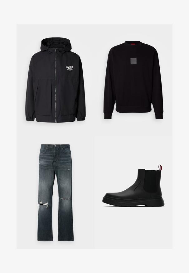 Casaco preto com capuz, apresentando um zíper frontal completo, punhos elásticos e dois bolsos frontais. Logótipo impresso no lado esquerdo do peito. Textura suave.; Sweatshirt preto com mangas longas, gola redonda, um logótipo cinza em forma de quadrado na frente, textura suave e punhos e barra canelados.; Jeans de denim em lavagem escura com um ajuste relaxado, apresentando dois rasgos desgastados nos joelhos, um fecho padrão com botão e design de cinco bolsos.; Botim preto até ao tornozelo com um acabamento liso, painéis laterais elásticos e uma pega vermelha em contraste, com uma sola de borracha espessa e bico arredondado.