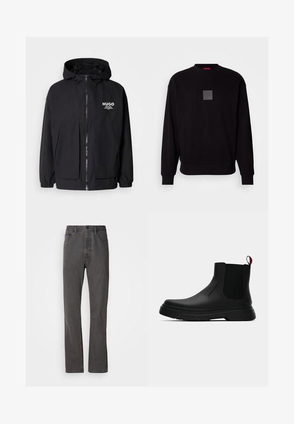 Schwarze Kapuzenjacke mit einem durchgehenden Reißverschluss an der Vorderseite, elastischen Bündchen und zwei vorderen Taschen. Bedrucktes Logo auf der linken Brust. Glatte Textur.; Schwarze Sweatshirt mit langen Ärmeln, rundem Ausschnitt, grauem quadratischen Logo auf der Vorderseite, weicher Textur und gerippten Bündchen und Saum.; Graue Denim-Jeans im geraden Schnitt, mit frontalen Taschen, einem Knopfverschluss und subtiler Textur.; Schwarze Knöchelstiefel mit glatter Oberfläche, elastischen Seitenpaneelen und einem kontrastierenden roten Zuglasche, ausgestattet mit einer dicken Gummisohle und einer runden Zehenpartie.