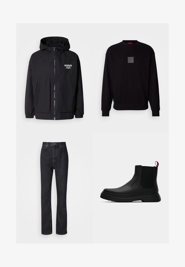 Giacca nera con cappuccio caratterizzata da una zip frontale completa, polsini elasticizzati e due tasche frontali. Logo stampato sul lato sinistro del petto. Texture liscia.; Felpa nera con maniche lunghe, scollatura rotonda, logo quadrato grigio sul davanti, texture morbida e polsini e orlo a coste.; Jeans in denim nero a vita alta con chiusura a bottone e zip, tasche anteriori e posteriori, e una vestibilità dritta.; Stivale alla caviglia nero con finitura liscia, pannelli laterali elastici e un tab di presa rosso a contrasto, dotato di una suola in gomma spessa e punta arrotondata.