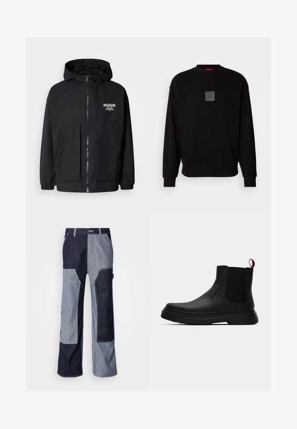 Crna kapuljača s punim prednjim zatvaračem, elastičnim rukavima i dvostrukim prednjim džepovima. Ispisani logo na lijevoj strani prsnog koša. Glatka tekstura.; Crna dukserica dugih rukava, okruglog izreza, sivo kvadratno logo na prednjem dijelu, meke teksture i rebrastim manžetama i rubom.; Traperice s patchwork uzorkom u raznim nijansama tamnoplave i svijetloplave, s kontrastnim šavovima i širokim ravnim nogavicama.; Crni gležnjači s glatkom površinom, elastičnim bočnim panelima i kontrastnom crvenom vučnom petljom, s debelim gumenim potplatom i zaobljenim vrhom.