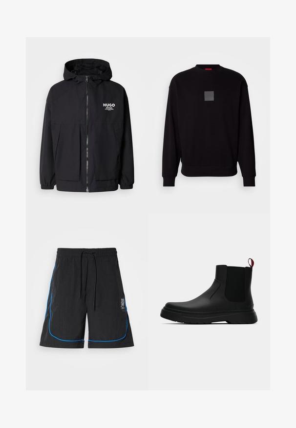 Zwarte hoodie-jack met een volledige rits aan de voorkant, elastische manchetten en twee voorzakken. Gedrukt logo op de linkerborst. Glad textuur.; Zwarte sweatshirt met lange mouwen, ronde halslijn, een grijzige vierkante logo op de voorkant, zachte textuur en geribde manchetten en zoom.; Zwarte zwembroek met een trekkoord in de taille, voorzien van blauwe piping langs de naden en een logo op het linkerdij. Lichtgewicht stof.; Zwarte enkelboot met een gladde afwerking, elastische zijpanelen en een contrasterende rode treklus, met een dikke rubberen zool en een afgeronde teen.