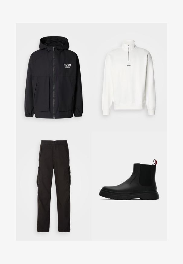 Must tumes jakk, millel on täispikktõmblukk, elastsed mansetid ja kaks esist pocketit. Prinditud logo vasakul rinnal. Sile tekstuur.; Valge pulloveri dressipluus, mis on varustatud kõrge kaelusega ja pooltaskukesega, millel on rindkerel keskel väike must "HUGO" logo. Pehme kangastekstuuri.; Must have mustreid püksid, millel on sirge lõige, elastne vöökoht, mitmed küljetaskud ja tekstuuriga kanga tugevdamiseks.; Mustad musta värvi ankle boot, millel on sile viimistlus, elastsed külgpaneelid ja kontrastne punane tõmbetaba. Saapadel on paks kummist tald ja ümar varvas.