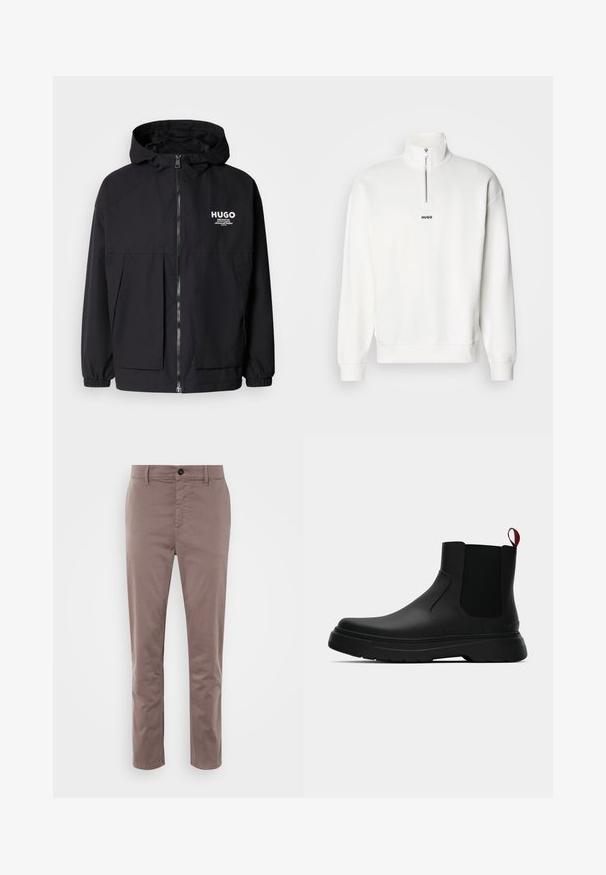 Sort hættejakke med lynlås foran, elastiske manchetter og to foran lommer. Trykt logo på venstre bryst. Glat tekstur.; Hvid pullover sweatshirt med høj krave og halvlukning, der har et lille sort "HUGO" logo centreret på brystet. Blød stoftekstur.; Slank pasform bukser i dæmpet taupe bomuld, med en frontknaplukning, sidelommer og en glat tekstur. Velegnet til afslappet brug.; Sort ankelstøvle med en glat overflade, elastiske sidepaneler og en kontrasterende rød træksløjfe, der har en tyk gummisål og rund tå.