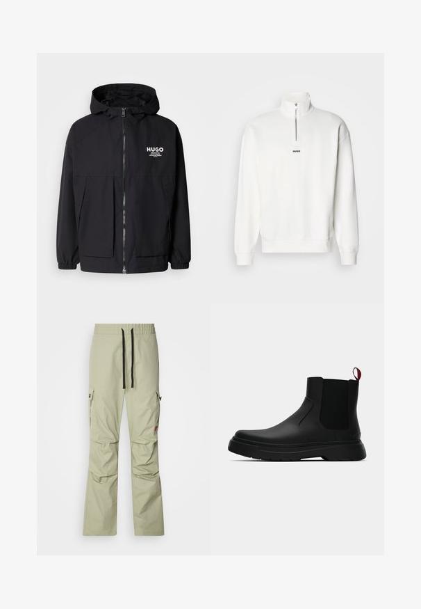 Crna kapuljača s punim prednjim zatvaračem, elastičnim rukavima i dvostrukim prednjim džepovima. Ispisani logo na lijevoj strani prsnog koša. Glatka tekstura.; Bijela dukserica sa visokim ovratnikom i polu-zipom, s malim crnim "HUGO" logotipom centriranim na prsima. Mekani tkaninski izgled.; Svijetlozeleni cargo hlače s opuštenim fitom, elastičnim pojasom, crnom vezicom, dva bočna džepa i suptilnim detaljima šivanja.; Crni gležnjači s glatkom površinom, elastičnim bočnim panelima i kontrastnom crvenom vučnom petljom, s debelim gumenim potplatom i zaobljenim vrhom.