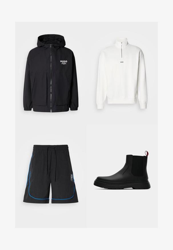 Zwarte hoodie-jack met een volledige rits aan de voorkant, elastische manchetten en twee voorzakken. Gedrukt logo op de linkerborst. Glad textuur.; Witte pullover sweatshirt met een hoge kraag en een halve rits, uitgerust met een klein zwart "HUGO" logo gecentreerd op de borst. Zachte stoftextuur.; Zwarte zwembroek met een trekkoord in de taille, voorzien van blauwe piping langs de naden en een logo op het linkerdij. Lichtgewicht stof.; Zwarte enkelboot met een gladde afwerking, elastische zijpanelen en een contrasterende rode treklus, met een dikke rubberen zool en een afgeronde teen.