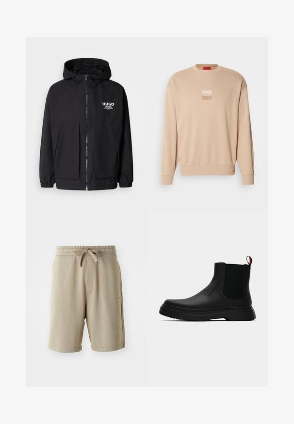 Čierna kapucňová bunda s plným predným zipsom, elastickými manžetami a dvojitými prednými vreckami. Tlačené logo na ľavej hrudi. Hladký povrch.; Béžová mikina s okrúhlym výstrihom a rebrovanými manžetami. Na prednej strane je malá štvorcová nášivka v svetlých farbách. Hladký a jemný povrch.; Béžové nohavice s mäkkou textúrou, elastickým pásom, šnúrkou a bočnými vreckami. Dĺžka do polovice stehna a minimálne logo na leme.; Čierne členkové topánky s hladkým povrchom, elastickými bočnými panelmi a kontrastným červeným poutkom, vybavené hrubou gumovou podrážkou a zaoblenou špičkou.