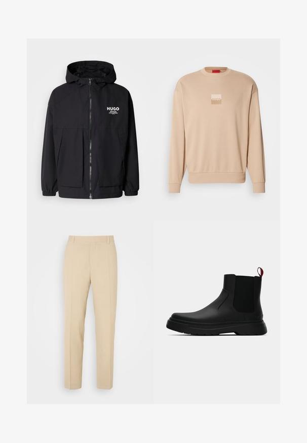 Črna kapuca jakna z full front zadrgo, elastičnimi manšetami in dvema sprednjima žepoma. Natisnjena logo na levi prsni strani. Gladka tekstura.; Bež hudournik s okroglim izrezom in rebrastimi manšetami. Na sprednji strani je majhen kvadraten logotip v svetlih barvah. Mehak, gladek tekstura.; Bež hlače s prirezanimi nogavicami, izdelane iz lahkega materiala, z dvema sprednjima žepoma in urejenimi pregibi.; Črne gležnjarje z gladkim zaključkom, elastičnimi stranskimi paneli in kontrastnim rdečim izvlečnim trakom, ki vključujejo debel gumijast podplat in zaobljen nos.