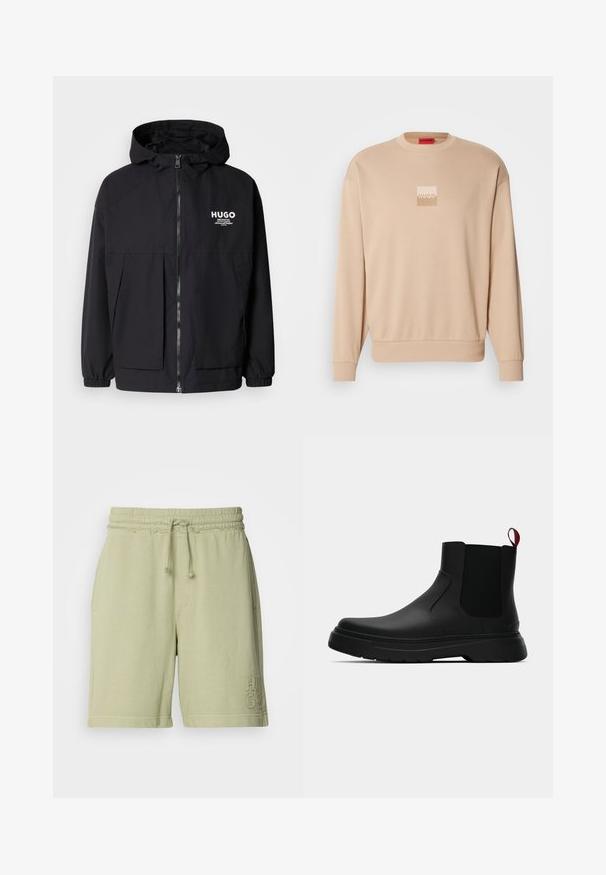 Juodas gobtuvas striukė su pilnu priekiniu užtrauktuku, elastinėmis rankovėmis ir dviem priekinėmis kišenėmis. Spausdintas logo ant kairės krūtinės. Lygus tekstūruotas paviršius.; Šviesiai ruda džemperis su apvaliu iškirpimu ir susiūtomis rankovėmis. Priekyje yra mažas kvadratinis logotipas šviesiomis spalvomis. Minkšta, lygi tekstūra.; Šviesiai žali medvilnės mišinio šortai su elastinga juosmeniu ir reguliuojama raišteliu. Yra šoninės kišenės ir išsiuvinėtas logotipas ant kojos.; Juodas kulkšninis batas su lygiu paviršiumi, elastiniais šonų intarpais ir kontrastingu raudonu kilimėliu, turintis storą guminį pado ir apvalią nosį.