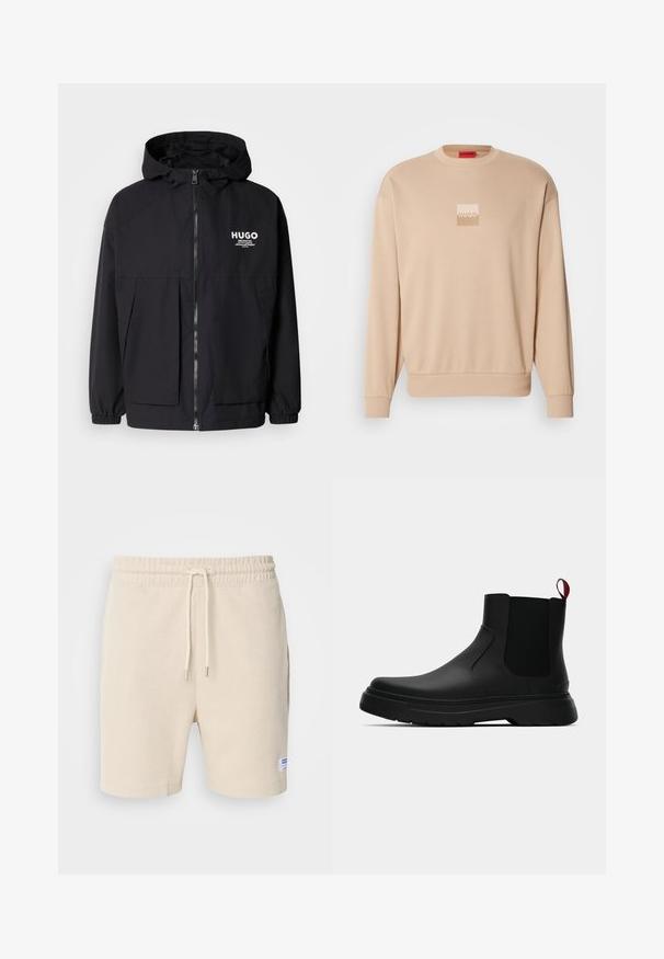 Mustat hupparitakki, jossa on täysipituinen vetoketju, joustavat hihansuut ja kaksinkertaiset etupussit. Vasemmassa rinnassa painettu logo. Sileä tekstuuri.; Beige huppari, jossa on pyöreä kaula-aukko ja ribbireunat. Edessä on pieni neliölogo vaaleissa väreissä. Pehmeä, sileä pinta.; Valkoiset shortsit, jotka on valmistettu tekstuurikankaasta. Varustettu elastisella vyötäröhihnalla, jossa on kiristysnarut, sekä sivutaskuilla. Pieni etiketti helmassa.; Musta nilkkuri, jossa on sileä pinta, elastiset sivupaneelit ja erottuva punainen vetonauha, paksu kumipohja ja pyöristetty varvas.