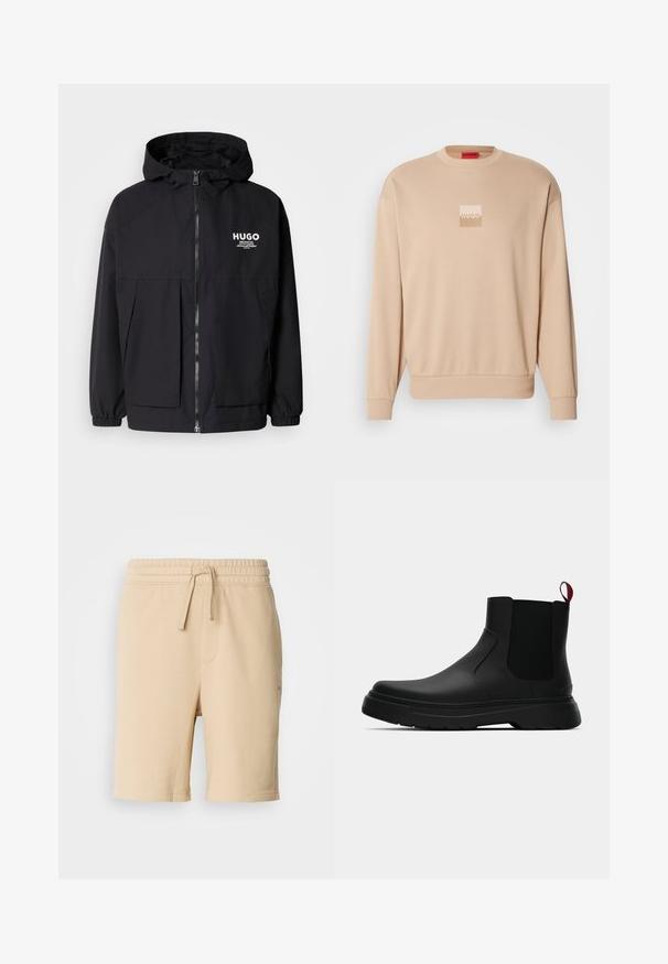 Juodas gobtuvas striukė su pilnu priekiniu užtrauktuku, elastinėmis rankovėmis ir dviem priekinėmis kišenėmis. Spausdintas logo ant kairės krūtinės. Lygus tekstūruotas paviršius.; Šviesiai ruda džemperis su apvaliu iškirpimu ir susiūtomis rankovėmis. Priekyje yra mažas kvadratinis logotipas šviesiomis spalvomis. Minkšta, lygi tekstūra.; Beige medvilnės mišinį šortai su elastine juosta, raišteliu, šonine kišene ir tiesiu kirpimu. Lygus tekstūros ir paprastas dizainas.; Juodas kulkšninis batas su lygiu paviršiumi, elastiniais šonų intarpais ir kontrastingu raudonu kilimėliu, turintis storą guminį pado ir apvalią nosį.