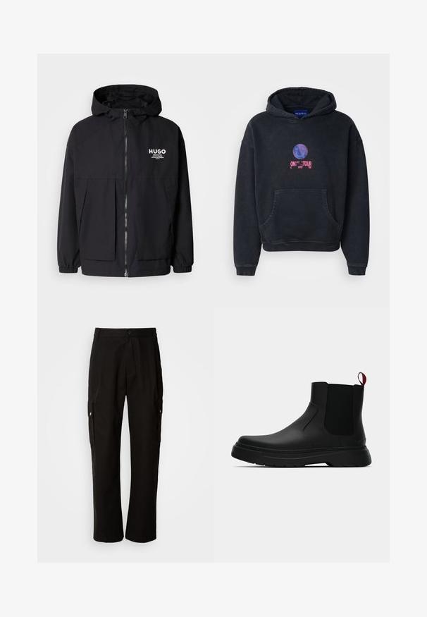 Black hooded jacket featuring a full front zip, elastic cuffs, and dual front pockets. Printed logo on the left chest. Smooth texture.; Black hooded sweatshirt made of cotton blend. Features a front pocket and graphic print with smiley face and text "ON TOUR". Text in pink and blue.; Black cargo pants made of cotton with a relaxed fit, featuring side pockets, a button closure, and straight legs. Simple design without patterns.; Black ankle boot with a smooth finish, elastic side panels, and a contrasting red pull tab, featuring a thick rubber sole and rounded toe.