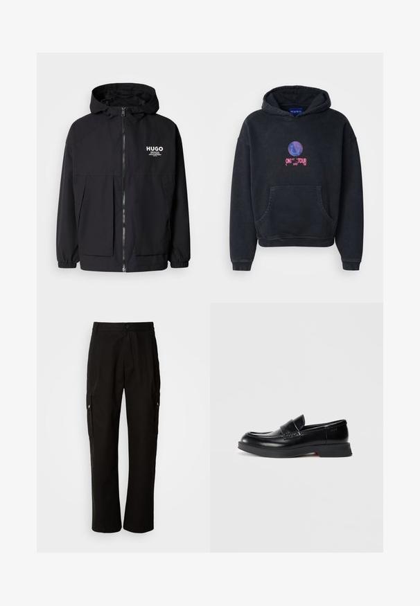 Crna kapuljača s punim prednjim zatvaračem, elastičnim rukavima i dvostrukim prednjim džepovima. Ispisani logo na lijevoj strani prsnog koša. Glatka tekstura.; Crna dukserica s kapuljačom od pamuka s dodatkom poliestera. Sadrži prednji džep i grafički otisak s osmijehom i natpisom "NA TURNEJI". Natpis u ružičastoj i plavoj boji.; Crne cargo hlače od pamuka s opuštenim krojem, koje imaju bočne džepove, kopčanje na gumb i ravne nogavice. Jednostavan dizajn bez uzoraka.; Crne kožne mokasine s glatkom površinom, s uzdignutom prednjom pločom i kontrastnim crvenim naglaskom na potplatu. Ravan gumeni potplat.