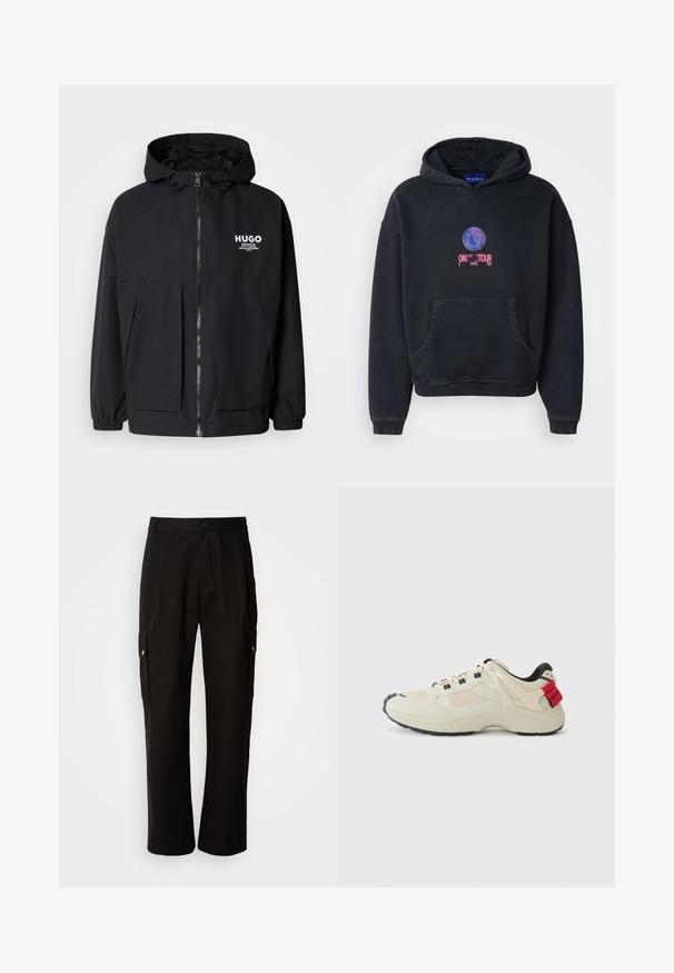 Schwarze Kapuzenjacke mit einem durchgehenden Reißverschluss an der Vorderseite, elastischen Bündchen und zwei vorderen Taschen. Bedrucktes Logo auf der linken Brust. Glatte Textur.; Schwarzer Kapuzenpullover aus Baumwollmischung. Mit einer Fronttasche und einem grafischen Druck mit einem Smiley-Gesicht und dem Text "ON TOUR". Text in Pink und Blau.; Schwarze Cargo-Hosen aus Baumwolle mit lockerem Schnitt, seitlichen Taschen, Knopfverschluss und geradem Bein. Einfaches Design ohne Muster.; Beige Sneaker mit Mesh- und Lederverkleidungen, schwarzer Gummisohle, Schnürdesign und roten Akzenten an der Ferse mit "Hugo"-Branding.