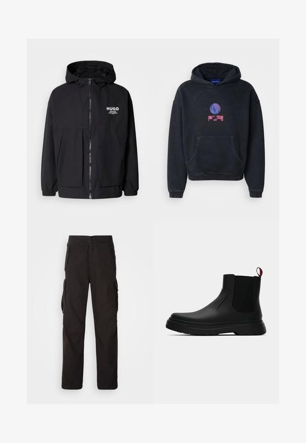 Zwarte hoodie-jack met een volledige rits aan de voorkant, elastische manchetten en twee voorzakken. Gedrukt logo op de linkerborst. Glad textuur.; Zwarte hoodie gemaakt van een katoenmix. Voorzien van een voorzak en een grafische print met een glimlachend gezicht en de tekst "ON TOUR". Tekst in roze en blauw.; Zwarte cargobroek met een rechte snit, elastische tailleband, meerdere zijzakken en een textiele stof voor duurzaamheid.; Zwarte enkelboot met een gladde afwerking, elastische zijpanelen en een contrasterende rode treklus, met een dikke rubberen zool en een afgeronde teen.