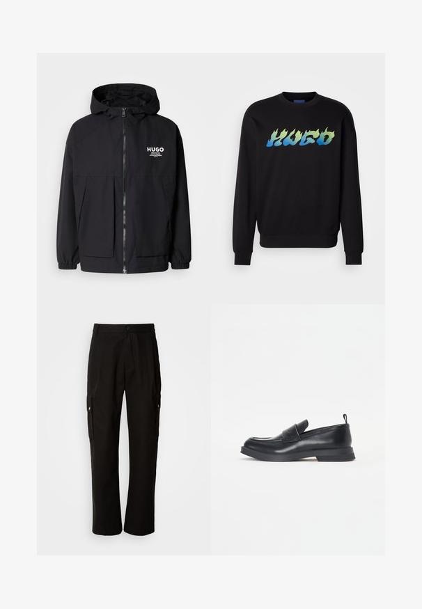 Fekete kapucnis dzseki, teljes elülső cipzárral, elasztikus mandzsettákkal és két elülső zsebbel. Nyomtatott logó a bal mellen. Simább textúra.; Fekete crewneck fazonú pulóver hosszú ujjakkal, amelyen a mell részen kék és zöld láng stílusú betűtípussal szerepel a "HUGO" felirat.; Fekete vászont nadrág laza szabással, oldalsó zsebekkel, gombos záródással és egyenes lábakkal. Egyszerű minta nélküli design.; Fekete bőrcipők lekerekített orral, elülső pánt részlettel és alacsony gumitalppal. Finom varrásokkal és hátul húzófüllel rendelkezik.