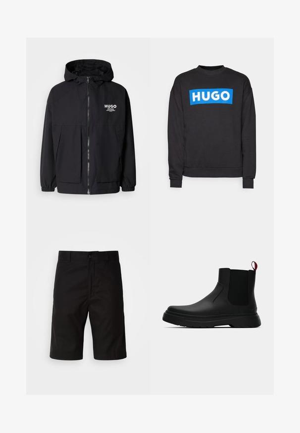 Zwarte hoodie-jack met een volledige rits aan de voorkant, elastische manchetten en twee voorzakken. Gedrukt logo op de linkerborst. Glad textuur.; Zwarte sweatshirt gemaakt van een katoenmix, met een groot blauw rechthoekig logo met "HUGO" in witte letters op de voorkant.; Zwarte shorts van stevige stof, met een rechte snit, knoopsluiting en een gladde textuur zonder zichtbare patronen.; Zwarte enkelboot met een gladde afwerking, elastische zijpanelen en een contrasterende rode treklus, met een dikke rubberen zool en een afgeronde teen.