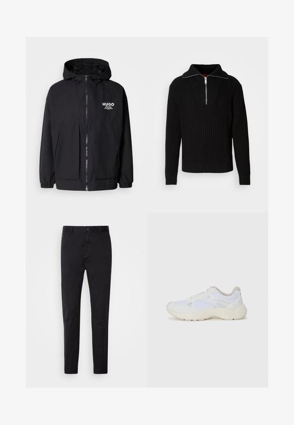 Svart hettegenser med full frontglidelås, elastiske mansjetter og doble frontlommer. Trykt logo på venstre bryst. Glatt tekstur.; Svart ribbestrikket genser med høy krage og kort glidelås. Har teksturert stoff og tettsittende mansjetter, som gir en strukturert silhuett.; Sorte chinos med en glatt tekstur, knappelukking og smal design. Ideelle for uformell eller semi-formell antrekk.; Hvit idrettssko laget av mesh og skinn, med en teksturert mellomsåle, teksturerte detaljer og "HUGO"-logo på siden.