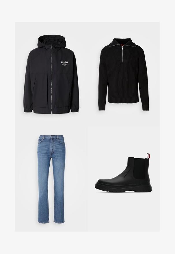 Mustat hupparitakki, jossa on täysipituinen vetoketju, joustavat hihansuut ja kaksinkertaiset etupussit. Vasemmassa rinnassa painettu logo. Sileä tekstuuri.; Musta ribbattu neule, jossa on korkea kaulus ja lyhyt vetskari. Sen kankaan pinta on teksturoitu ja hihansuissa on tiukka istuvuus, mikä luo rakenteellisen siluetin.; Siniset farkut korkealla vyötäröllä, suoralla lahkeella ja hienovaraisella kulutuksella. Ominaisuuksiin kuuluu klassinen viiden taskun tyyli ja vetoketjukiinnitys.; Musta nilkkuri, jossa on sileä pinta, elastiset sivupaneelit ja erottuva punainen vetonauha, paksu kumipohja ja pyöristetty varvas.