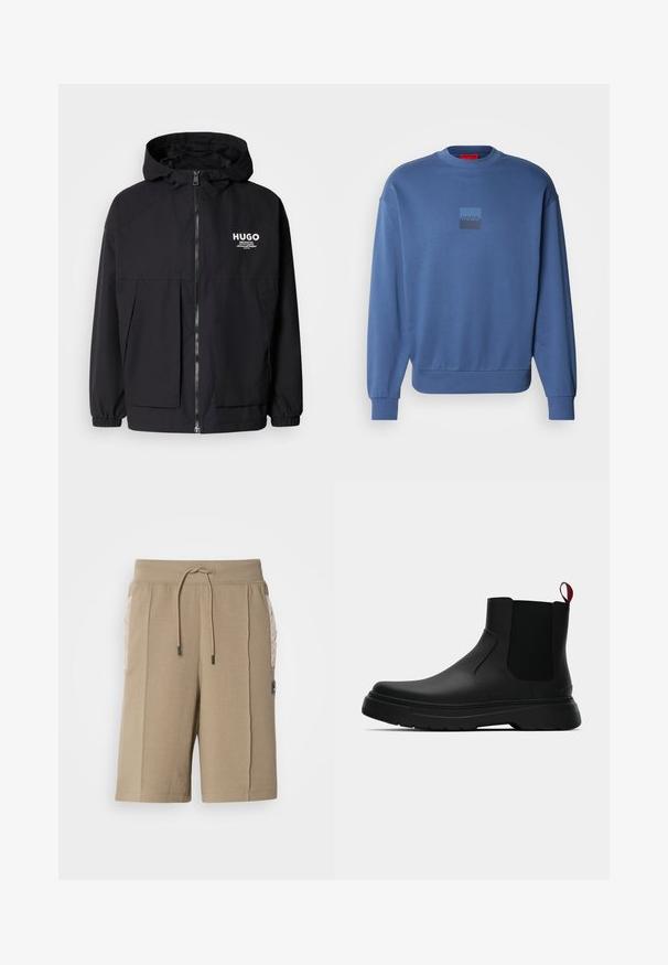 Schwarze Kapuzenjacke mit einem durchgehenden Reißverschluss an der Vorderseite, elastischen Bündchen und zwei vorderen Taschen. Bedrucktes Logo auf der linken Brust. Glatte Textur.; Blaues Sweatshirt aus weichem Material, mit rundem Halsausschnitt, gerippten Bündchen und einem kleinen quadratischen Logo in Verlaufstönen auf der Vorderseite.; Beige Baumwollshorts mit elastischem Bund und Kordelzug. Mit gesteppter Seitentasche und einem Logopatch auf der Vorderseite.; Schwarze Knöchelstiefel mit glatter Oberfläche, elastischen Seitenpaneelen und einem kontrastierenden roten Zuglasche, ausgestattet mit einer dicken Gummisohle und einer runden Zehenpartie.