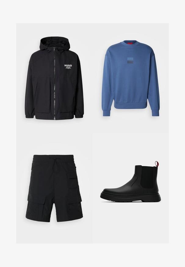 Veste à capuche noire avec zip frontal complet, poignets élastiques et poches avant doubles. Logo imprimé sur la poitrine gauche. Texture lisse.; Sweat-shirt bleu en tissu doux, avec un col rond, des poignets côtelés et un petit logo carré en dégradé sur le devant.; Shorts cargo noirs en tissu léger avec une taille élastique et un cordon de serrage. Comprend plusieurs poches latérales pour le rangement.; Bottines noires avec une finition lisse, des panneaux latéraux élastiques et une languette rouge contrastante, présentant une semelle en caoutchouc épaisse et un bout arrondi.