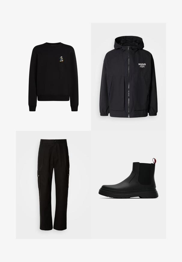 Giacca nera con cappuccio caratterizzata da una zip frontale completa, polsini elasticizzati e due tasche frontali. Logo stampato sul lato sinistro del petto. Texture liscia.; Felpa nera con collo a giro, maniche lunghe, polsini e orlo ribattuti; presenta un piccolo personaggio ricamato sul lato sinistro del petto.; Pantaloni cargo neri in cotone con vestibilità comoda, dotati di tasche laterali, chiusura a bottone e gambe dritti. Design semplice senza motivi.; Stivale alla caviglia nero con finitura liscia, pannelli laterali elastici e un tab di presa rosso a contrasto, dotato di una suola in gomma spessa e punta arrotondata.
