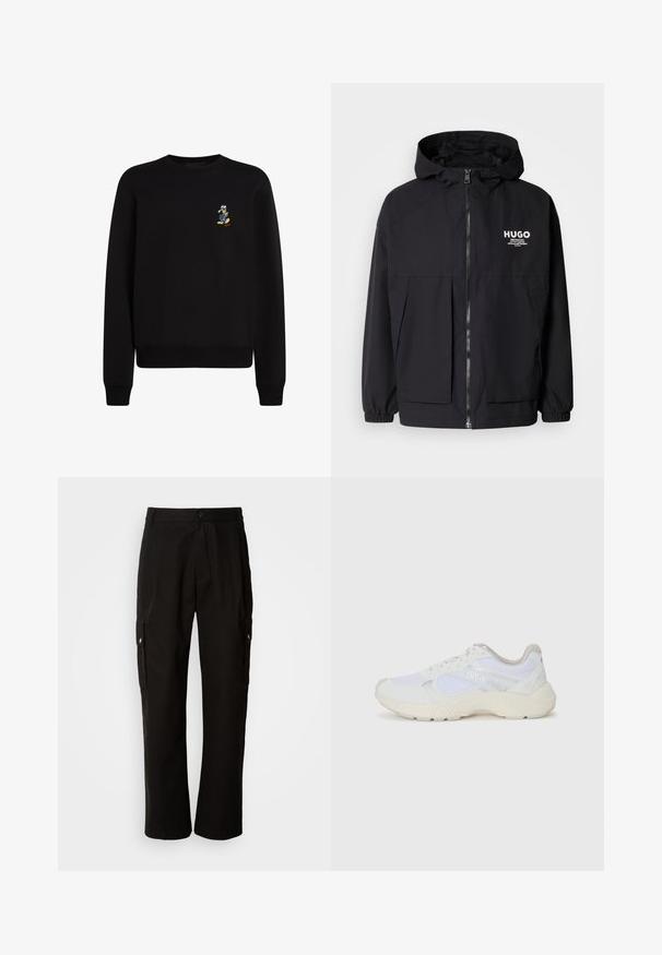 Černá kapucňová bunda s plným předním zipem, elastickými manžetami a dvojitými předními kapsami. Tištěné logo na levém prsu. Hladká textura.; Černá mikina s kruhovým výstřihem, dlouhými rukávy, žebrovanými manžetami a lemem; na levé straně hrudi se nachází malá vyšitá postavička.; Černé cargo kalhoty vyrobené z bavlny s uvolněným střihem, vybavené bočními kapsami, zapínáním na knoflík a rovnými nohavicemi. Jednoduchý design bez vzorů.; Bílé sportovní boty vyrobené z síťoviny a semiše, s texturovanou mezipodešví, texturovanými akcenty a logem "HUGO" na boku.
