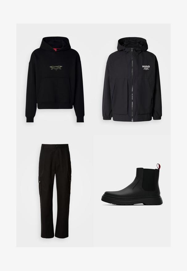 Giacca nera con cappuccio caratterizzata da una zip frontale completa, polsini elasticizzati e due tasche frontali. Logo stampato sul lato sinistro del petto. Texture liscia.; Felpa nera con cappuccio e tasca frontale, caratterizzata da un design ricamato che include la parola "HUGO" e elementi decorativi.; Pantaloni cargo neri in cotone con vestibilità comoda, dotati di tasche laterali, chiusura a bottone e gambe dritti. Design semplice senza motivi.; Stivale alla caviglia nero con finitura liscia, pannelli laterali elastici e un tab di presa rosso a contrasto, dotato di una suola in gomma spessa e punta arrotondata.