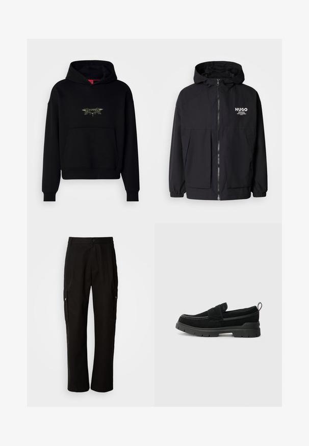 Svart hettegenser med full frontglidelås, elastiske mansjetter og doble frontlommer. Trykt logo på venstre bryst. Glatt tekstur.; Svart hettegenser med frontlomme, med en brodert design som inkluderer ordet "HUGO" og dekorative elementer.; Svart cargobukse laget av bomull med avslappet passform, med sidelommer, knappeåpning og rette ben. Enkelt design uten mønstre.; Sorte semsket slip-on sko med en tykk svart gummibase, med en toppstropp og kontrasterende sømdetaljer.