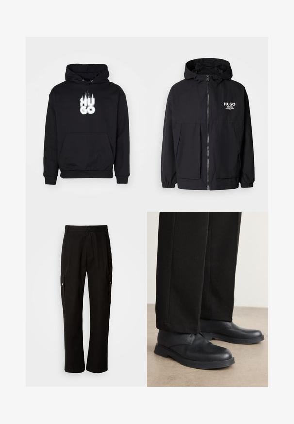 Svart huva jacka med full dragkedja fram, elastiska ärmslut och dubbla framfickor. Tryckt logotyp på vänster bröst. Slät textur.; Svart hoodie med en framficka i kangaroo-stil och ribbade ärmslut. Har en vit flammig "HUGO"-logotyp på bröstet. Material i bomullsblandning.; Svart bomullströja med rund halsringning, med en texturerad svart lappar med logo på vänster bröst. Korta ärmar och avslappnad passform.; Svarta cargobyxor i bomull med avslappnad passform, utrustade med sidofickor, knapplås och raka ben. Enkelt design utan mönster.; Svarta läderskor med rund tå, platt sula och minimal detaljering. Matchas med skräddarsydda svarta byxor som har en jämn yta.