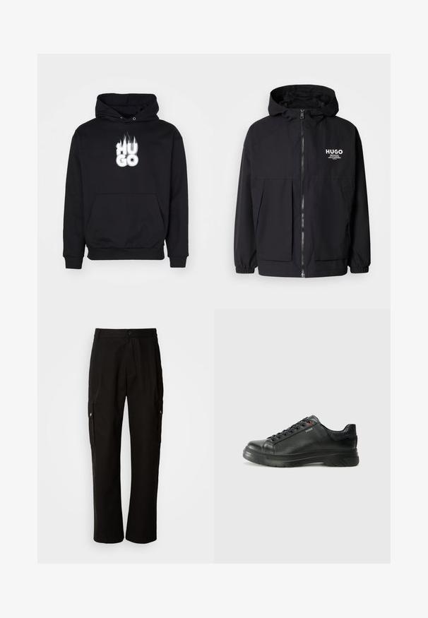 Black hooded jacket featuring a full front zip, elastic cuffs, and dual front pockets. Printed logo on the left chest. Smooth texture.; Black hoodie with a front kangaroo pocket and ribbed cuffs. Features a white flame-styled "HUGO" logo on the chest. Cotton blend material.; Black cargo pants made of cotton with a relaxed fit, featuring side pockets, a button closure, and straight legs. Simple design without patterns.; Black leather sneaker with textured upper, padded collar, and red logo detail. Features a thick rubber sole with distinct tread pattern.