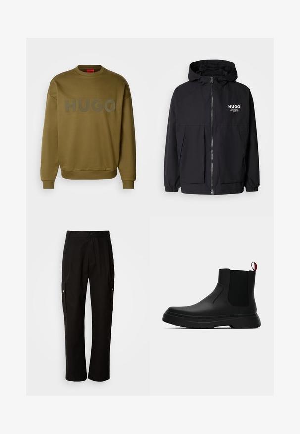 Chaqueta negra con capucha que presenta un cierre frontal completo, puños elásticos y dos bolsillos frontales. Logo impreso en el lado izquierdo del pecho. Textura suave.; Sudadera verde oliva con cuello redondo, puños acanalados y un gran logo mate que dice "HUGO" en la parte frontal. Textura suave, corte relajado.; Pantalones cargo negros de algodón con un corte relajado, que cuentan con bolsillos laterales, cierre de botón y perneras rectas. Diseño simple sin patrones.; Botín negro con un acabado liso, paneles laterales elásticos y una lengüeta de tirón roja contrastante, que presenta una suela de goma gruesa y punta redondeada.