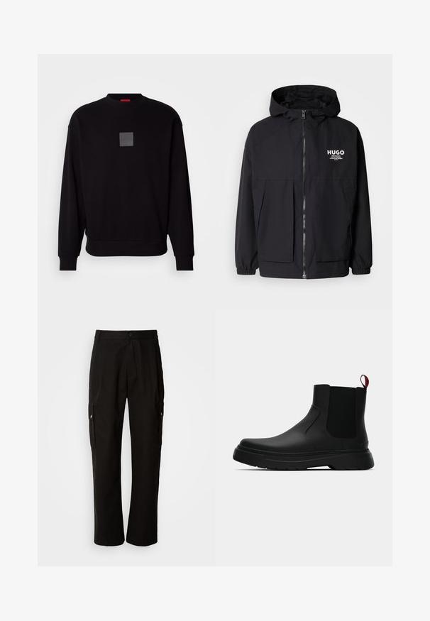 Must tumes jakk, millel on täispikktõmblukk, elastsed mansetid ja kaks esist pocketit. Prinditud logo vasakul rinnal. Sile tekstuur.; Mustra musta dressipluus pikade varrukatega, ümar kaelus, ees hall ruudukujuline logo, pehme tekstuur ning soonikkoes varrukate ja allääre juures.; Mustad mustadeks rõivasteks mõeldud puuvillased püksid, millel on lõdva istuvuse disain, küljetaskud, nööbiga sulgemine ja sirged sääred. Lihtne disain ilma mustriteta.; Mustad musta värvi ankle boot, millel on sile viimistlus, elastsed külgpaneelid ja kontrastne punane tõmbetaba. Saapadel on paks kummist tald ja ümar varvas.