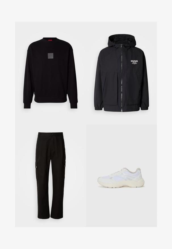 Chaqueta negra con capucha que presenta un cierre frontal completo, puños elásticos y dos bolsillos frontales. Logo impreso en el lado izquierdo del pecho. Textura suave.; Sudadera negra de mangas largas, con cuello redondo, un logo cuadrado gris en el frente, textura suave y puños y dobladillo acanalados.; Pantalones cargo negros de algodón con un corte relajado, que cuentan con bolsillos laterales, cierre de botón y perneras rectas. Diseño simple sin patrones.; Zapatillas deportivas blancas hechas de malla y ante, con una entresuela texturizada, acentos texturizados y el logo "HUGO" en el lateral.