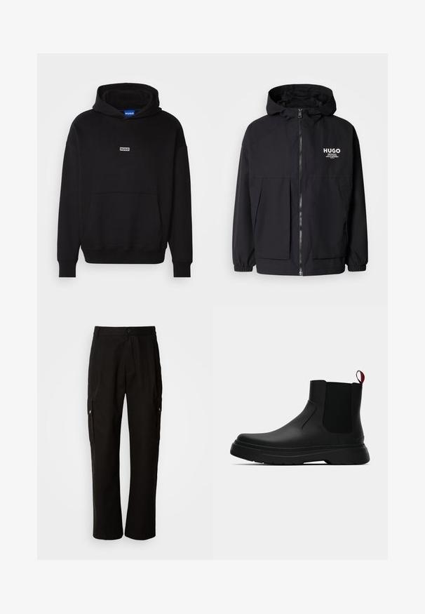 Jachetă neagră cu glugă, având un fermoar complet pe față, manșete elastice și două buzunare frontale. Logo imprimat pe partea stângă a pieptului. Textură netedă.; HUGO NAZARDO - Bluză de molton - black; Pantaloni cargo negri din bumbac, cu o croială lejeră, având buzunare laterale, închidere cu nasture și picioare drepte. Design simplu, fără modele.; Botine negre până la gleznă, cu un finisaj neted, panouri laterale elastice și un tab de prindere roșu contrastant, având o talpă groasă din cauciuc și vârf rotunjit.