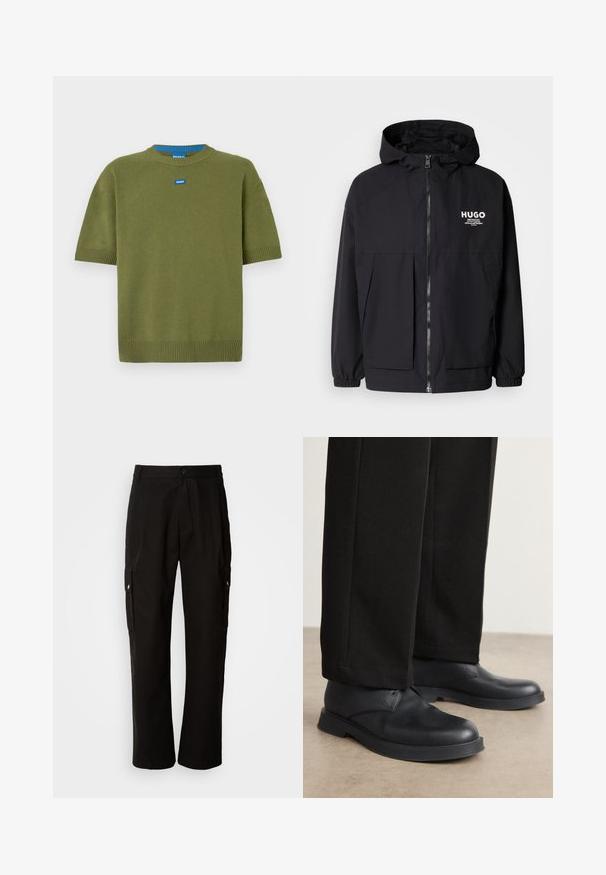 Svart hettegenser med full frontglidelås, elastiske mansjetter og doble frontlommer. Trykt logo på venstre bryst. Glatt tekstur.; Oliven grønn kortermet strikkegenser med rund hals, ribbede kanter og en blå logo-lapp på brystet. Myk tekstur, avslappet passform.; Svart bomull T-skjorte med rund hals, med et teksturert svart merke med logo på venstre bryst. Korte ermer og avslappet passform.; Svart cargobukse laget av bomull med avslappet passform, med sidelommer, knappeåpning og rette ben. Enkelt design uten mønstre.; Svarte lærskroker med rund tå, flat såle og minimal detaljer. Kombinert med skræddersydde svarte bukser som viser en jevn tekstur.