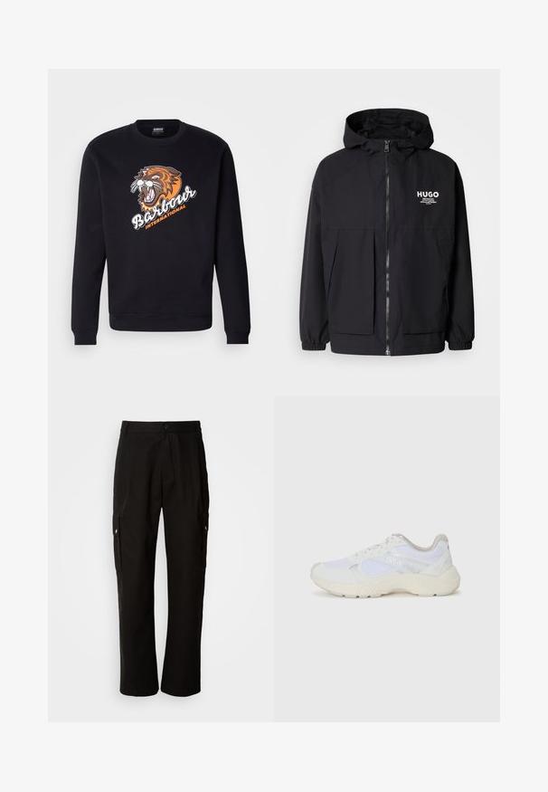 Must tumes jakk, millel on täispikktõmblukk, elastsed mansetid ja kaks esist pocketit. Prinditud logo vasakul rinnal. Sile tekstuur.; Must tungadega must sweatshirth, millel on soonte sooned ja soonte ääred, mille esipinnal on suur tiigri graafika ja tekst "Barbour International".; Mustad mustadeks rõivasteks mõeldud puuvillased püksid, millel on lõdva istuvuse disain, küljetaskud, nööbiga sulgemine ja sirged sääred. Lihtne disain ilma mustriteta.; Valged sportlikud jalanõud, mis on valmistatud võrkkangast ja seemisnahast, sisaldavad tekstureeritud vahetald, tekstureeritud aktsentide ning küljes oleva "HUGO" logo.