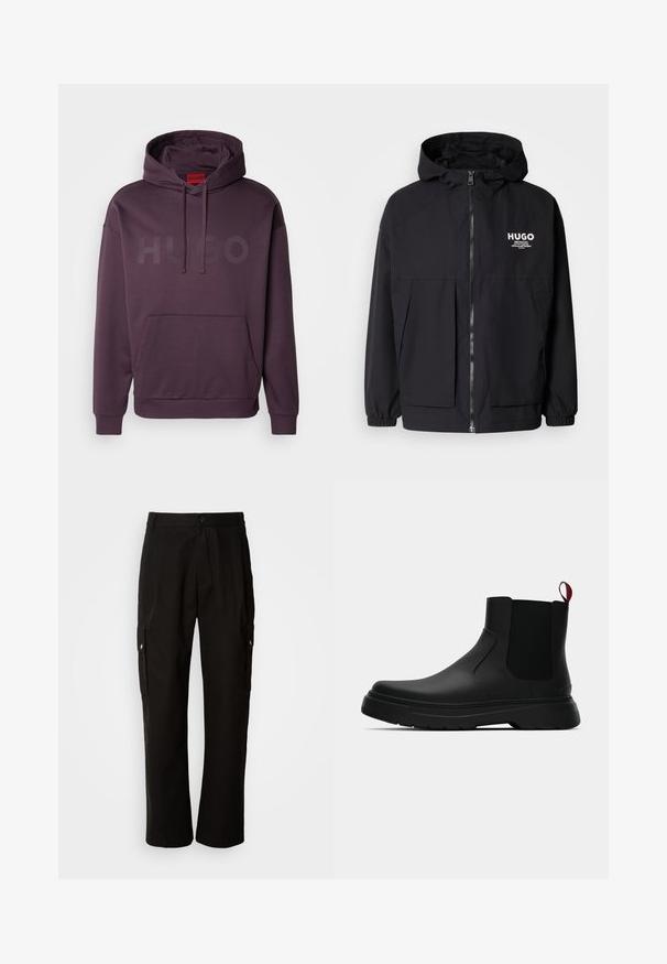 Schwarze Kapuzenjacke mit einem durchgehenden Reißverschluss an der Vorderseite, elastischen Bündchen und zwei vorderen Taschen. Bedrucktes Logo auf der linken Brust. Glatte Textur.; HUGO DITCHLE - Sweatshirt - open purple; Schwarze Cargo-Hosen aus Baumwolle mit lockerem Schnitt, seitlichen Taschen, Knopfverschluss und geradem Bein. Einfaches Design ohne Muster.; Schwarze Knöchelstiefel mit glatter Oberfläche, elastischen Seitenpaneelen und einem kontrastierenden roten Zuglasche, ausgestattet mit einer dicken Gummisohle und einer runden Zehenpartie.