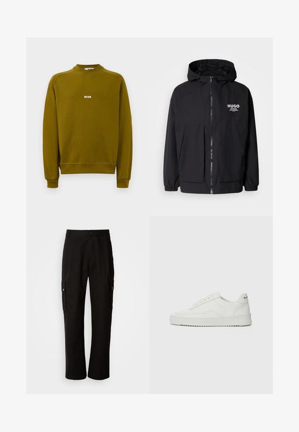 Svart huva jacka med full dragkedja fram, elastiska ärmslut och dubbla framfickor. Tryckt logotyp på vänster bröst. Slät textur.; Olivgrön långärmad sweatshirt med rund halsringning och liten vit "MSGM"-logotyp centrerad på bröstet.; Svarta cargobyxor i bomull med avslappnad passform, utrustade med sidofickor, knapplås och raka ben. Enkelt design utan mönster.; Vita lädersneakers med en jämn yta, rund tå, platta snörningar och en strukturerad sula. Har en diskret logotyp på hälen.